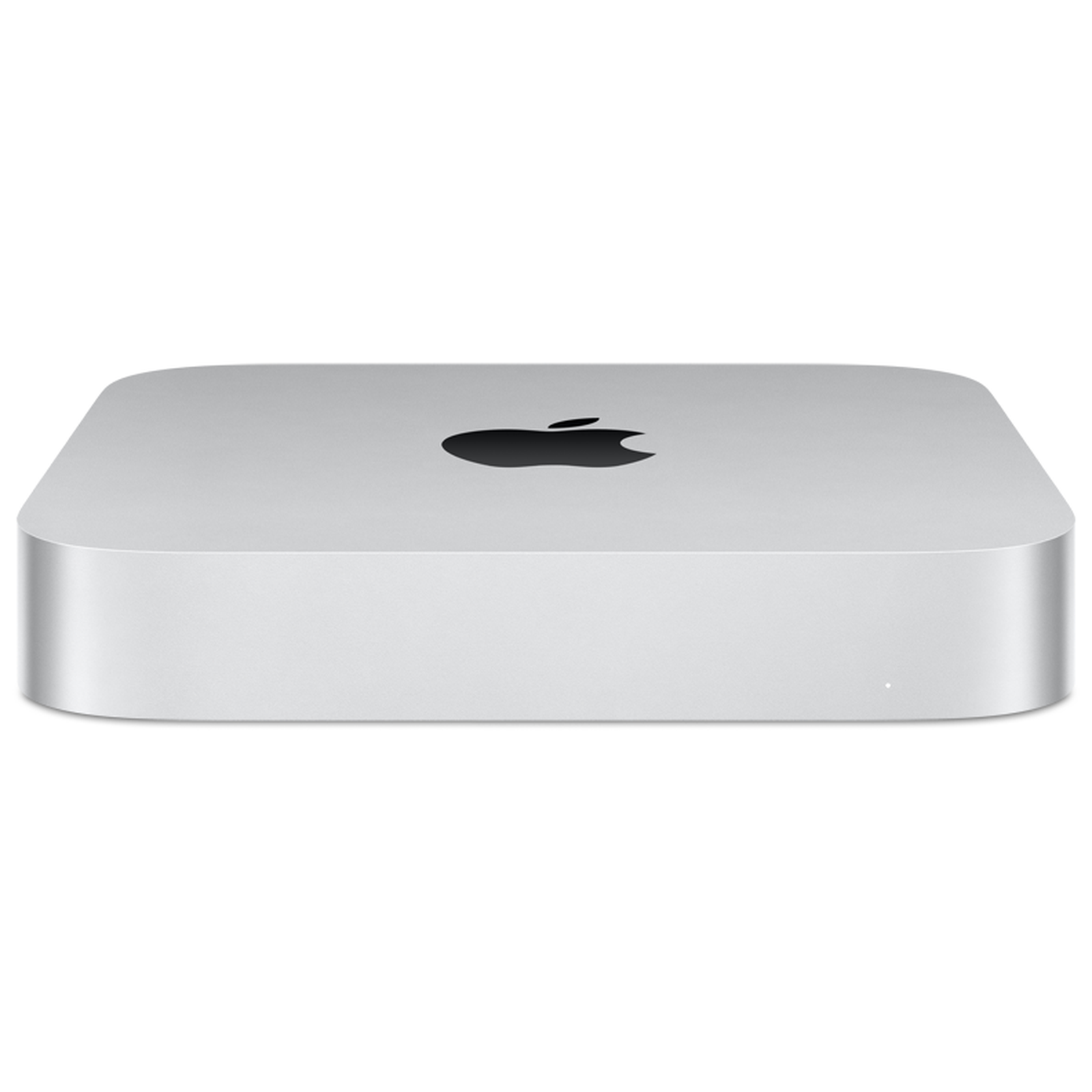 Mac mini M2 visto de frente em alumínio prateado
